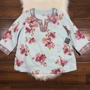 John Mark Women's Size 1X Blue Floral Beaded Embroidered‎ Popover Tunic Top